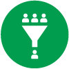 Icon of four people being moved through a funnel in a green circle