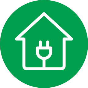 Icon of a home and a plug inside of a green circle