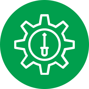 Icon of a gear with a shovel in the middle inside of a green circle