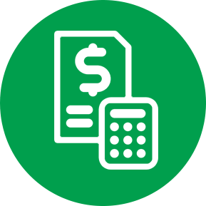 Icon of a calculator and receipt inside of a green circle