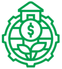 Green icon of a gear, inside of the gear is a plant, coin with a dollar sign on it, and a house