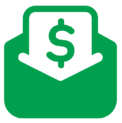 Green icon of an envelope that has a piece of paper with a dollar sign on it peeking out of the envelope