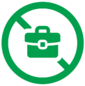 Green icon of a briefcase with a circle and a diagonal line through the middle